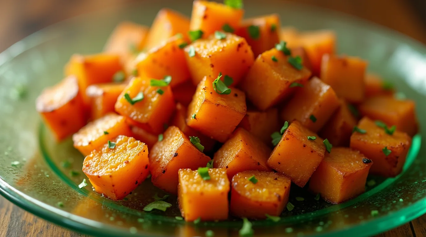 Glistening air fryer sweet potato cubes garnished with fresh green herbs on a glass plate.