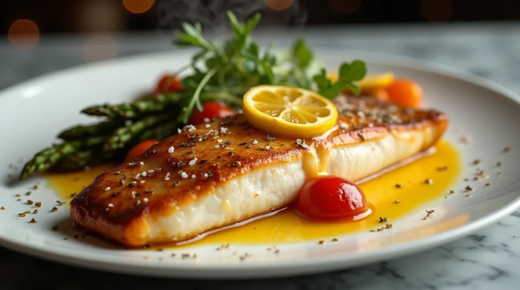 Branzino fillet recipe with crispy golden skin, topped with lemon slices and served with asparagus, cherry tomatoes, and a citrus butter sauce.