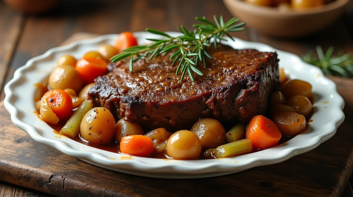 A tender and juicy beef shoulder roast recipe served with baby potatoes, carrots, and celery, garnished with fresh rosemary.